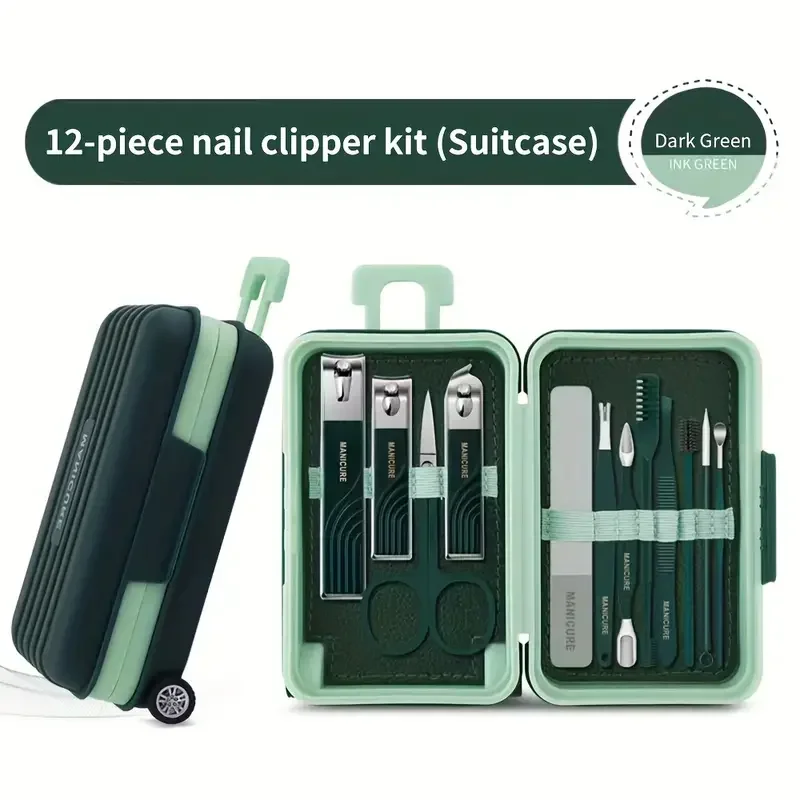 12Pcs Nail Clippers Manicure Tool Set with Travel Suitcase Grooming Stainless Steel Nail Cutter Professional Pedicure Tools