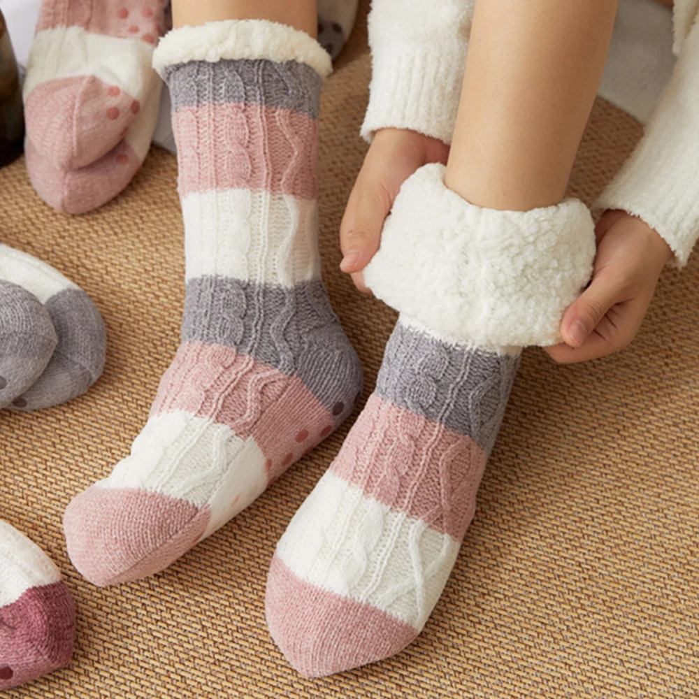 

Winter Warm Socks Men Women Thickened Fleece Striped Socks Soft Plush Sleeping Socks Fluffy Anti Slip Non Grip Floor Slippers