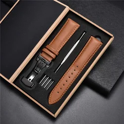 Luxurious Genuine Leather Watchband with Automatic Butterfly Buckle - Elegant Business Wrist Strap with Gift Box - 22mm (Light Brown - B)
