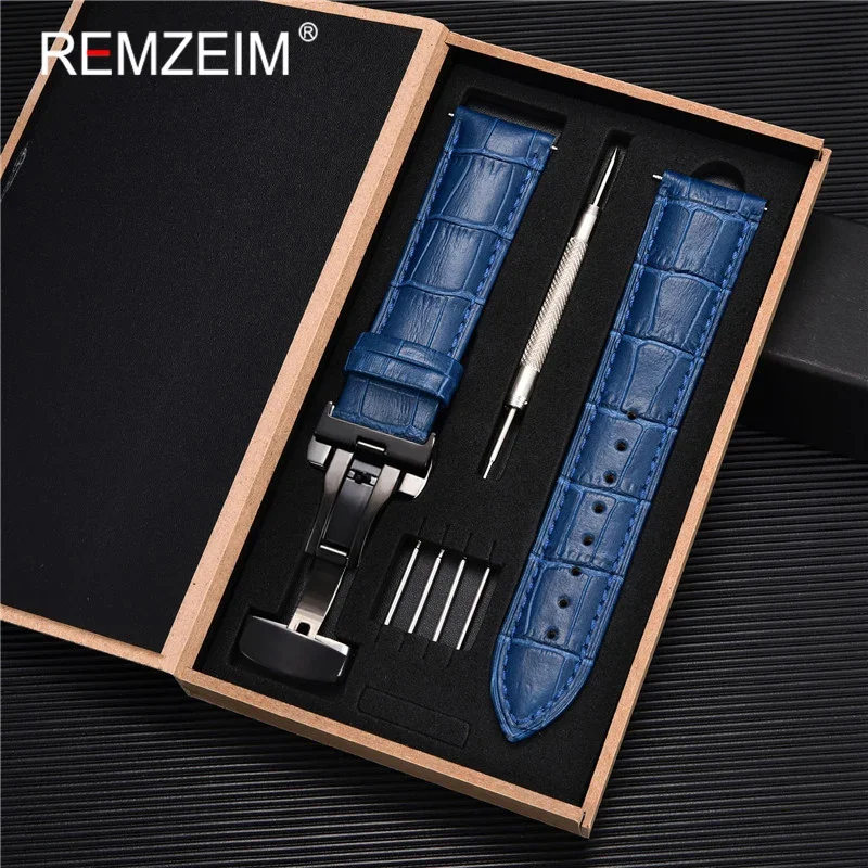 Premium Genuine Leather Watch Band with Stainless Steel Butterfly Clasp and Tool Set