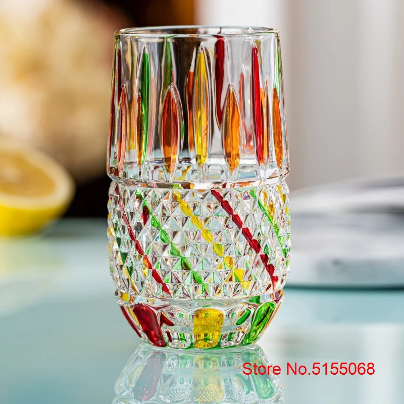 New Italy Hand Drawn Crystal Contrast Color Highball Glass Cocktail Water Drinking Glasses Old Fashioned Whisky Cup Wine Tumbler