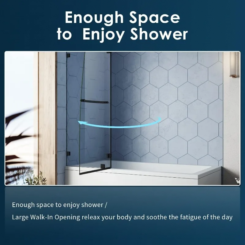 SUNNY SHOWER Frameless Shower Door for Bathtub,Hinged Tub Screen,Tempered Glass Tub Door,48" W x 58" H,Black Finish 6
