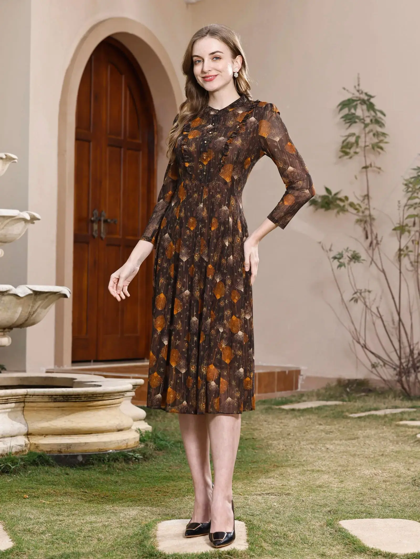 

Ximphony Evening Dress Smart Office Women's Dresses Vintage O-neck Tailored Three Quarter Sleeves Feather Print Autumn Long Dres