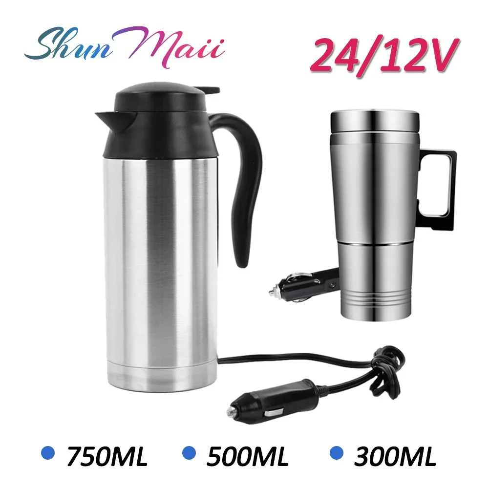 Electric Kettle Car Heater Mug 12 24V Car Electric Heating Cup Kettle Portable Water Heater Bottle Travel Car Truck Kettle For Tea Coffee Drinking 300-750ML
