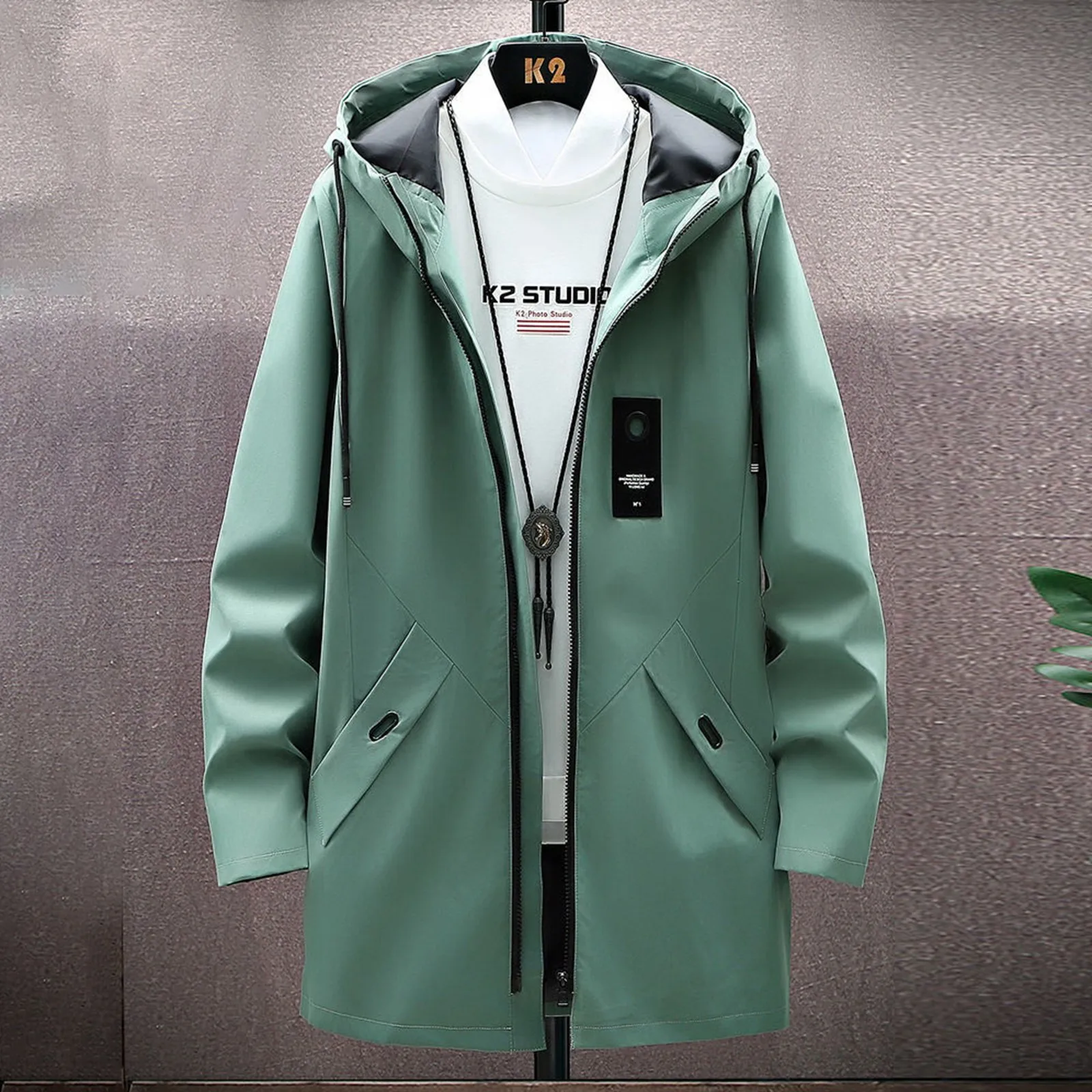 Men Trench Coat Slim Fit Zipper Closure Windbreaker Lapel Long Jacket Casual Windproof Overcoat Long Hooded Tops Cardigan Coat