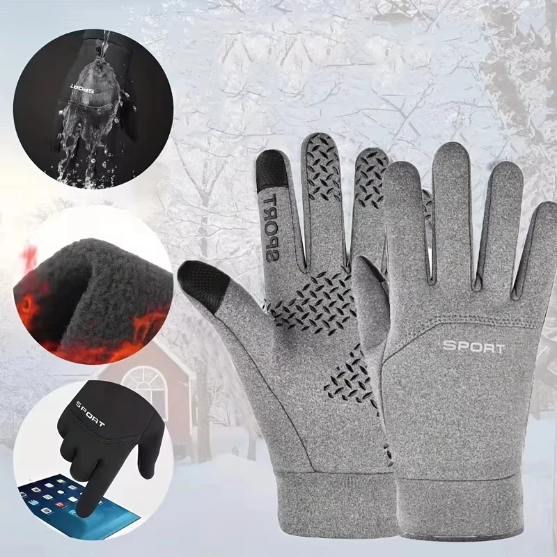 Men Winter Sports Gloves Waterproof Cycling Outdoor Ski Running Motorcycle Touch Screen Fleece Non-Slip Warm Full Fingers