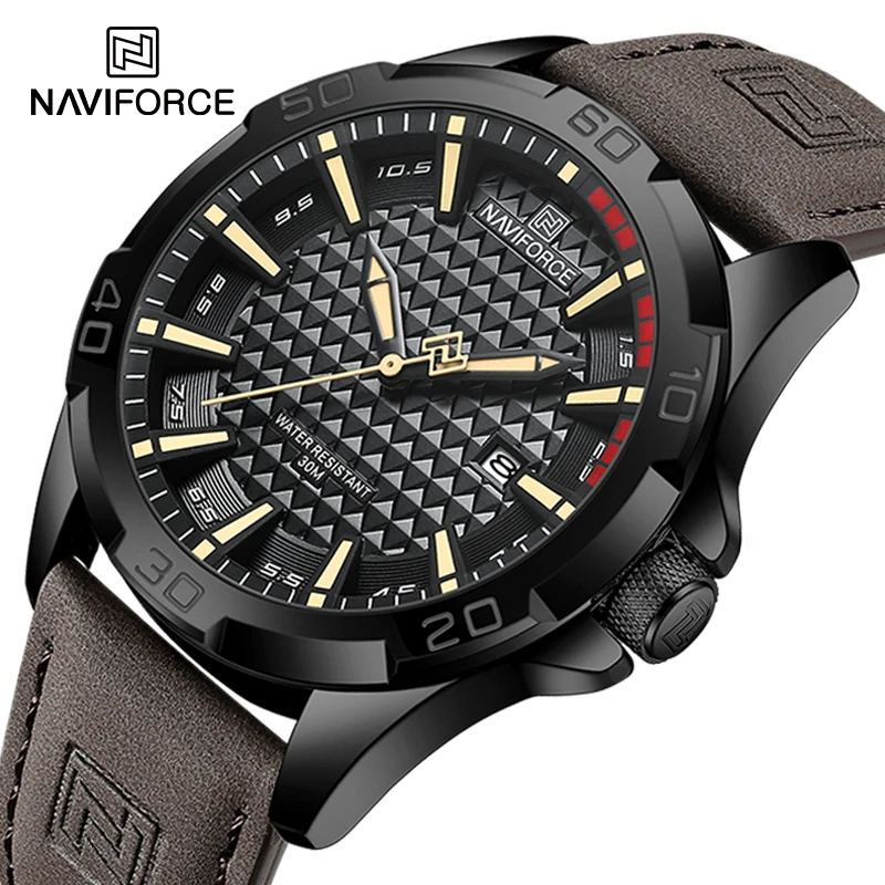 NAVIFORCE 남성용 방수 손목 시계, 밀리터리 쿼츠 달력 시계, 비즈니스 가죽, 캐주얼 스포츠