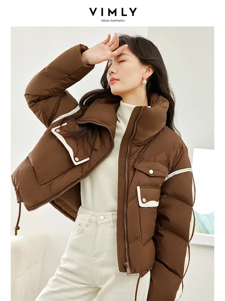 Vimly Contrast Spliced Cropped Down Coat Women 2023 Stand Collar Thick Warm Winter Women's Puffer Jacket Female Outerwear 50652