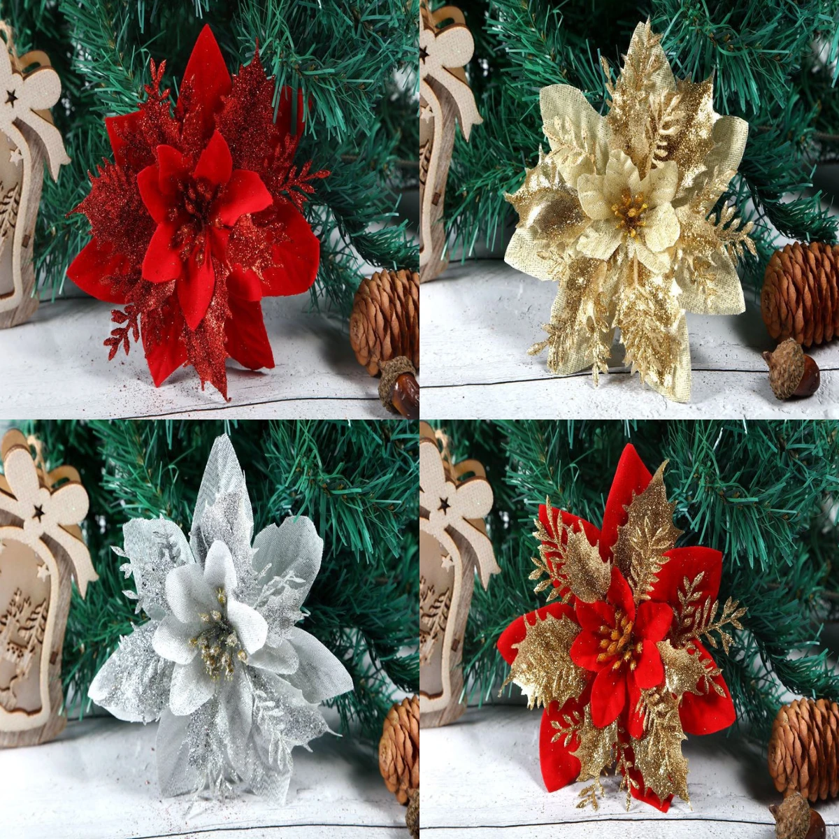 

15CM Large Flower Christmas Tree Hanging Ornament Xmas Glitter Flowers Decoration