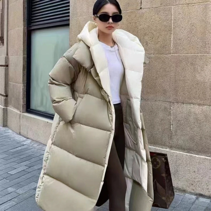 Women's Down Jacket Long Knee Winter Trends Stylish & Warm Coat Pike Coat 2024 New High-end Hooded Fake Two Piece Down Jacket 4