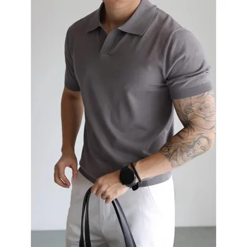Maglione Polo a V a Maniche Corte in Maglia da Uomo, T-shirt Estiva 2026 in Seta Ghiaccio per Business