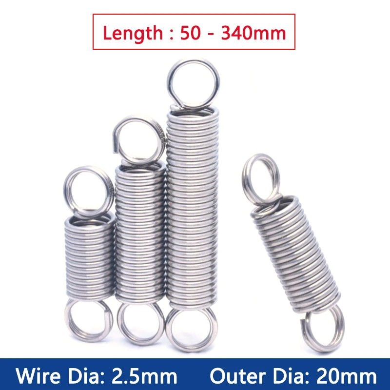 

1pc Wire Dia 2.5mm OD 20mm 304 Stainless Steel Dual Hook Tension Spring Closed Loop Hardware Accessories Length 50-340mm