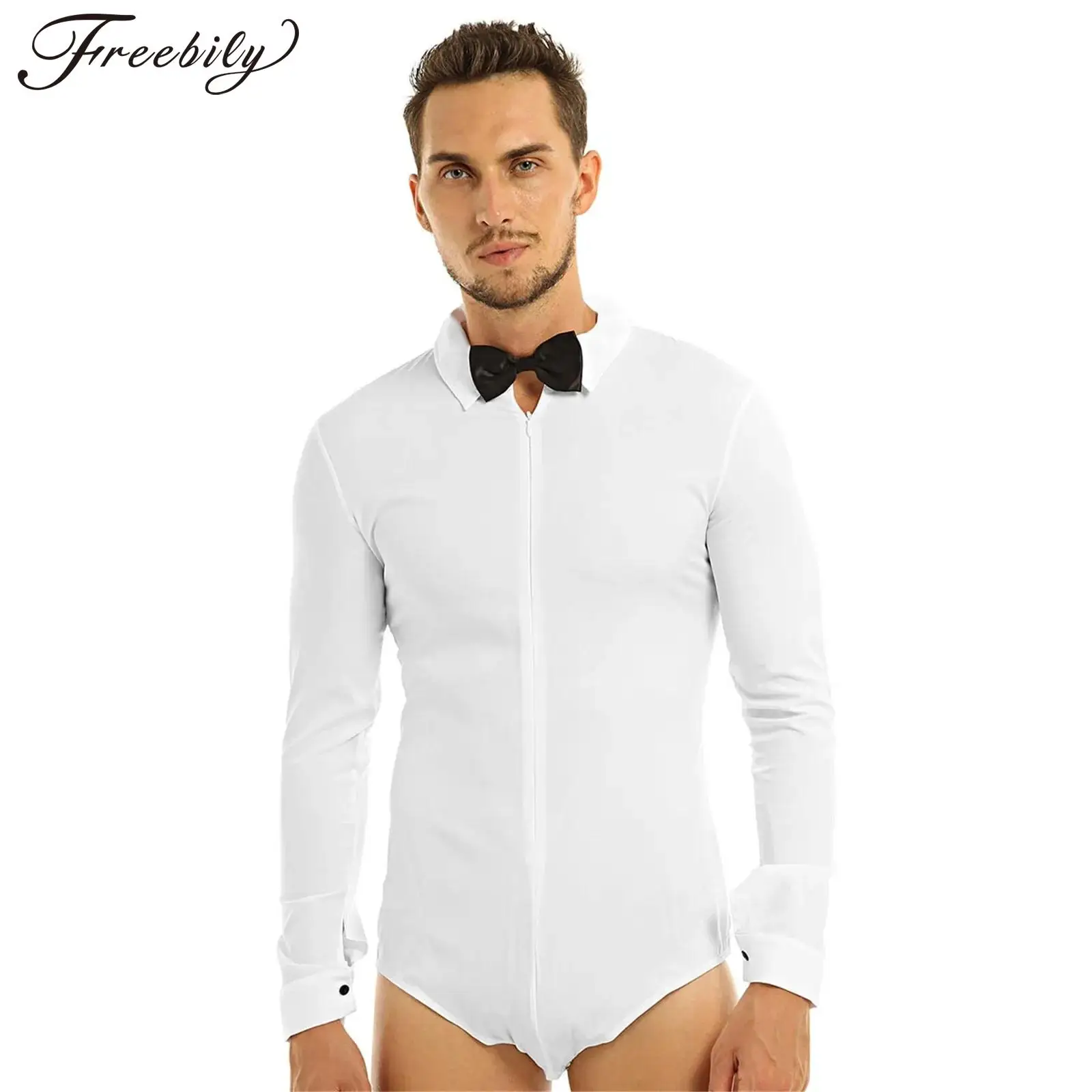 Mens Zipper Latin Dance Bodysuit Shirts Bowtie Long Sleeves One Piece Romper Jumpsuit Leotard Man Ballroom Dancewear