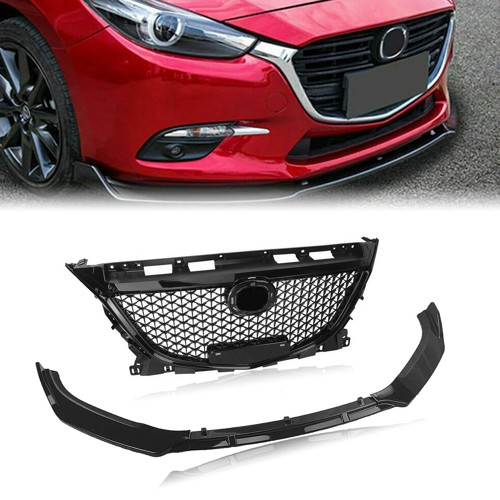 Shape Upper Grille Grill & Front Lower Spoiler Bumper Lip Car