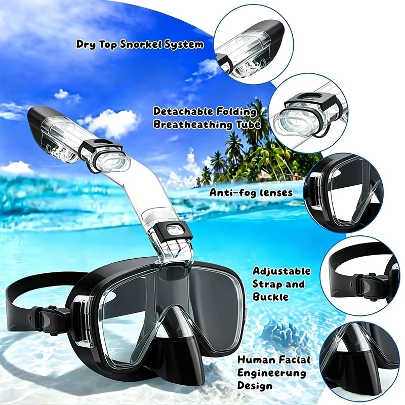 Foldable Anti-Fog Diving and Snorkeling Mask Set with Full Dry Top System