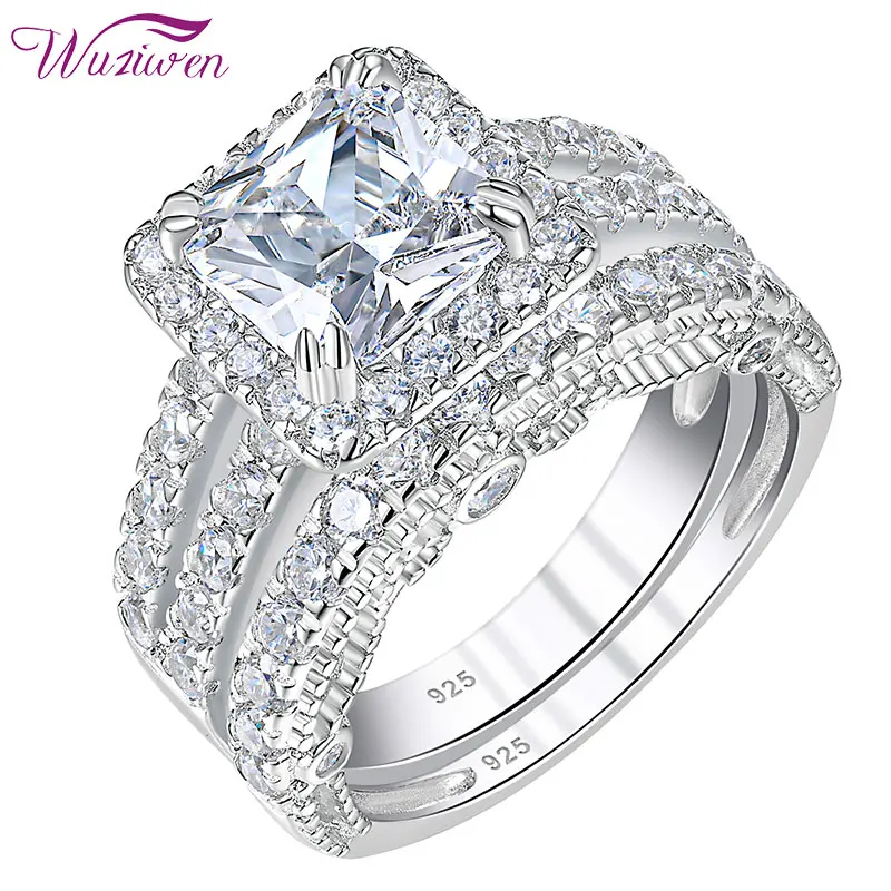 4CT Princess Cubic Zirconia CZ 925 Sterling Silver Wedding Engagement Ring Set 