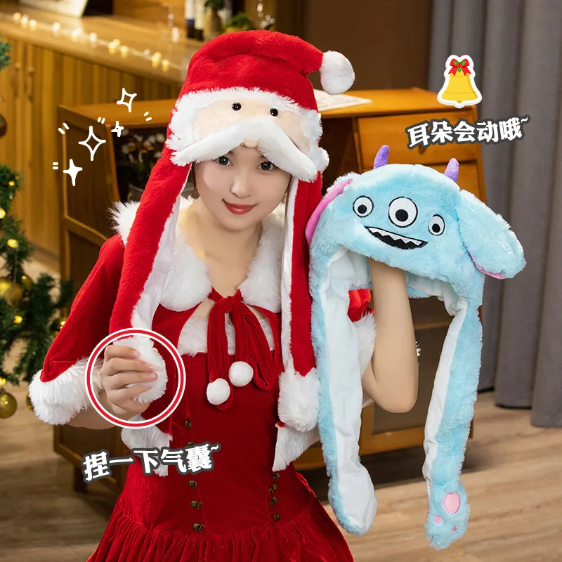 Creative Christmas Santa Claus Hats Fluffly Ear Can Move Cute Soft Stuffed Little Monster Funny Plush Toys Girls Kids Xmas Gifts