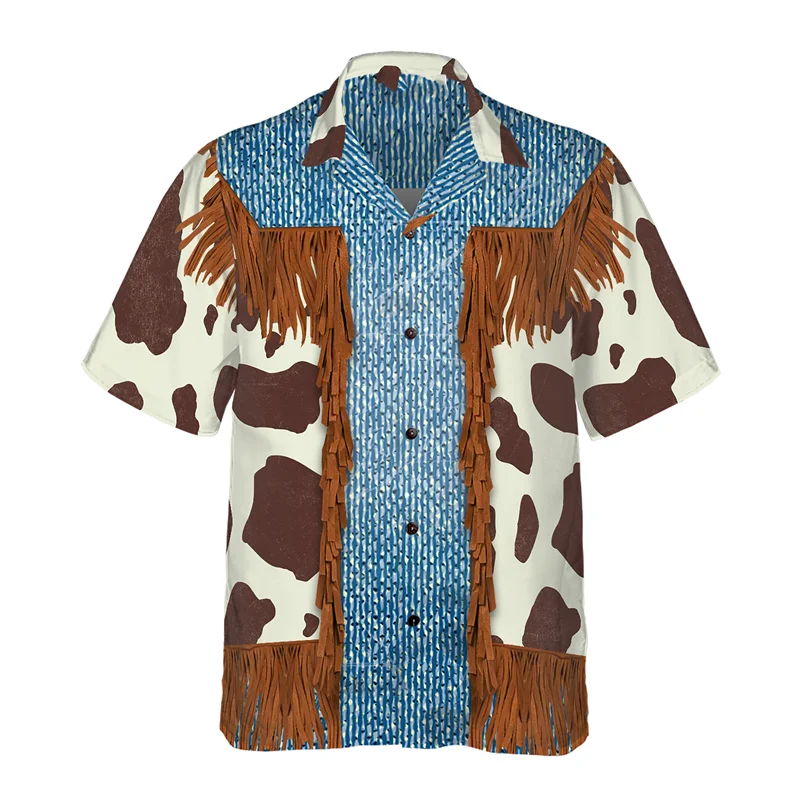 thumbnail image 1 of Camisas con estampado de vaquero retro, ropa informal con patrón de mezclilla 3D para hombre, camisa hawaiana de manga corta para playa, ropa informal para exteriores para hombre, 1 of 4