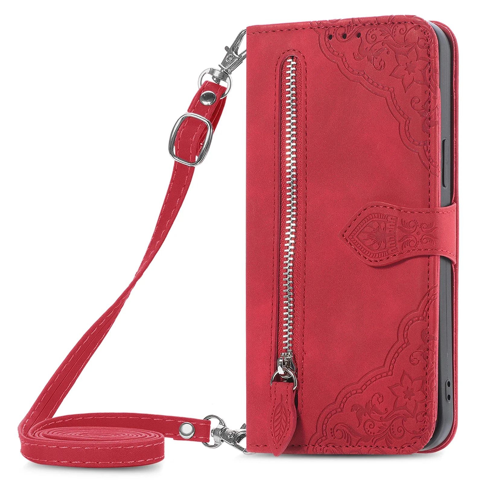 Leather Lanyard Zipper Wallet Crossbody Case