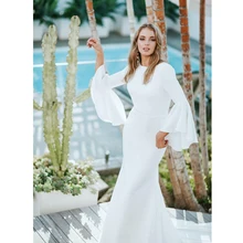 

Modest Simple Crepe Mermaid Wedding Dresses 2022 with Flare Sleeves Scoop Neck V Back Style Bridal Gowns Vestidos De Novia