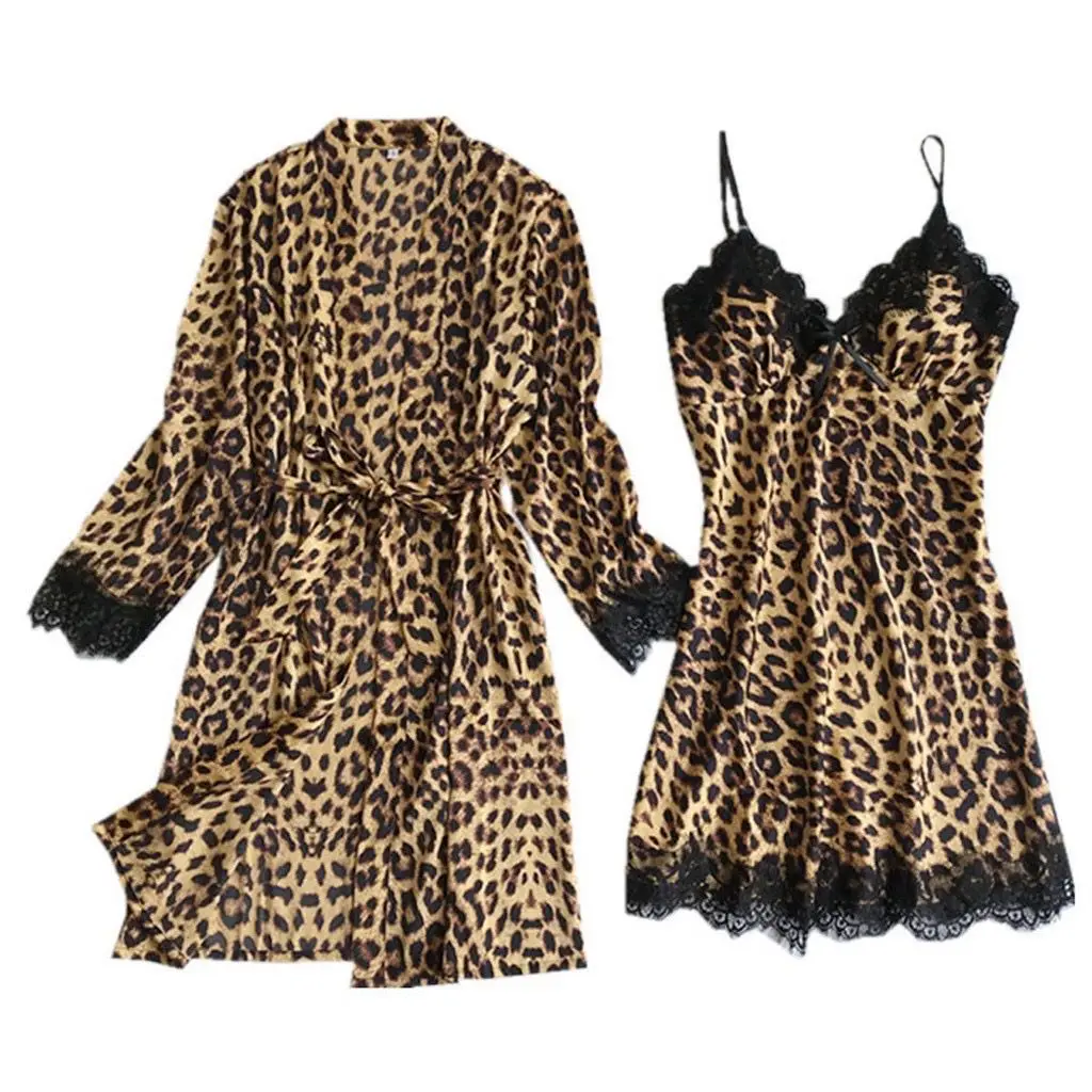 Womens Imitation Silk Bathrobe, Leopard Print With Lace Nightdress ,Home Clothes