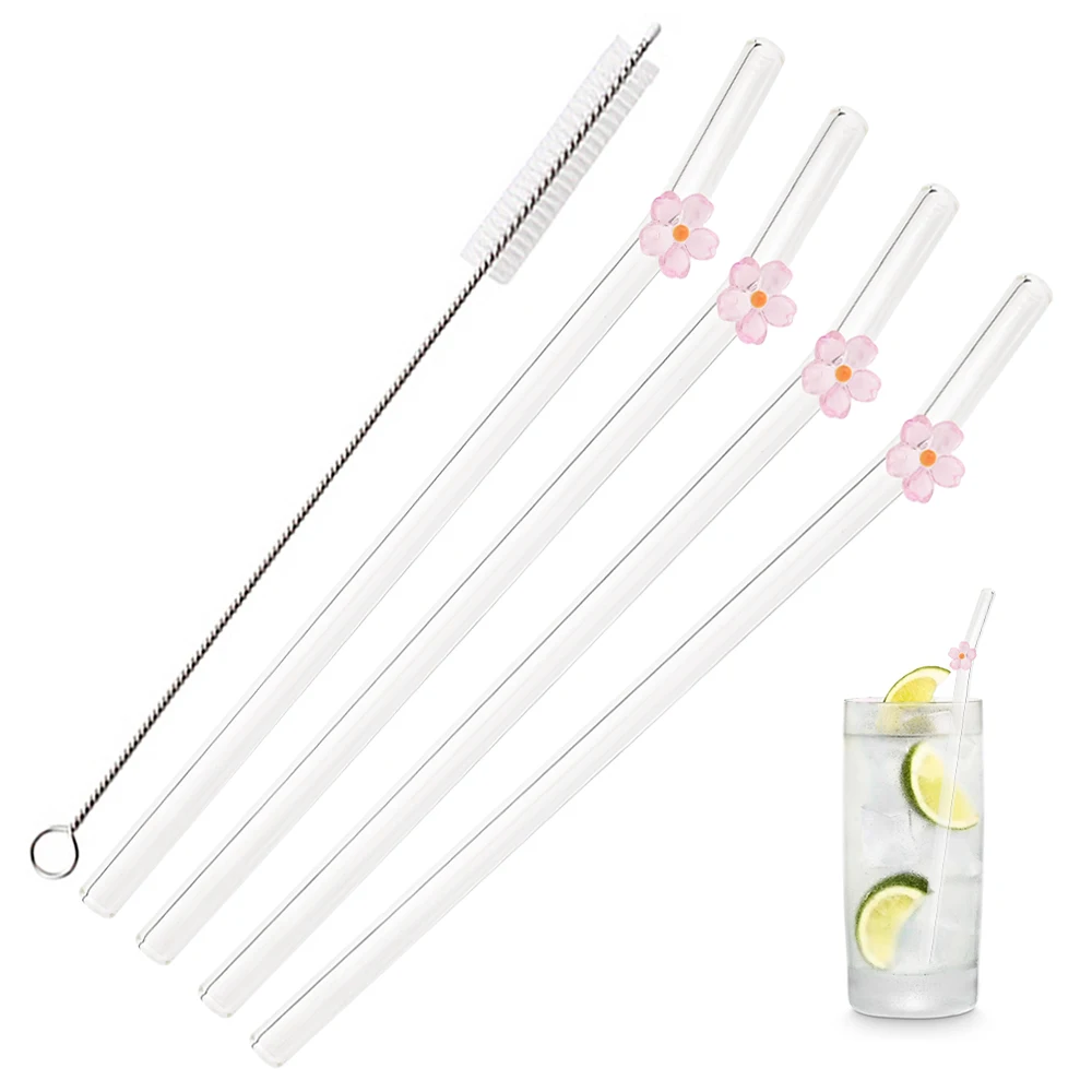 5Pcs 8mm Glas Stroh Wiederverwendbare Trinkhalme Nette Blume Hitzebest&auml;ndige Stroh F&uuml;r Festival P&hellip;