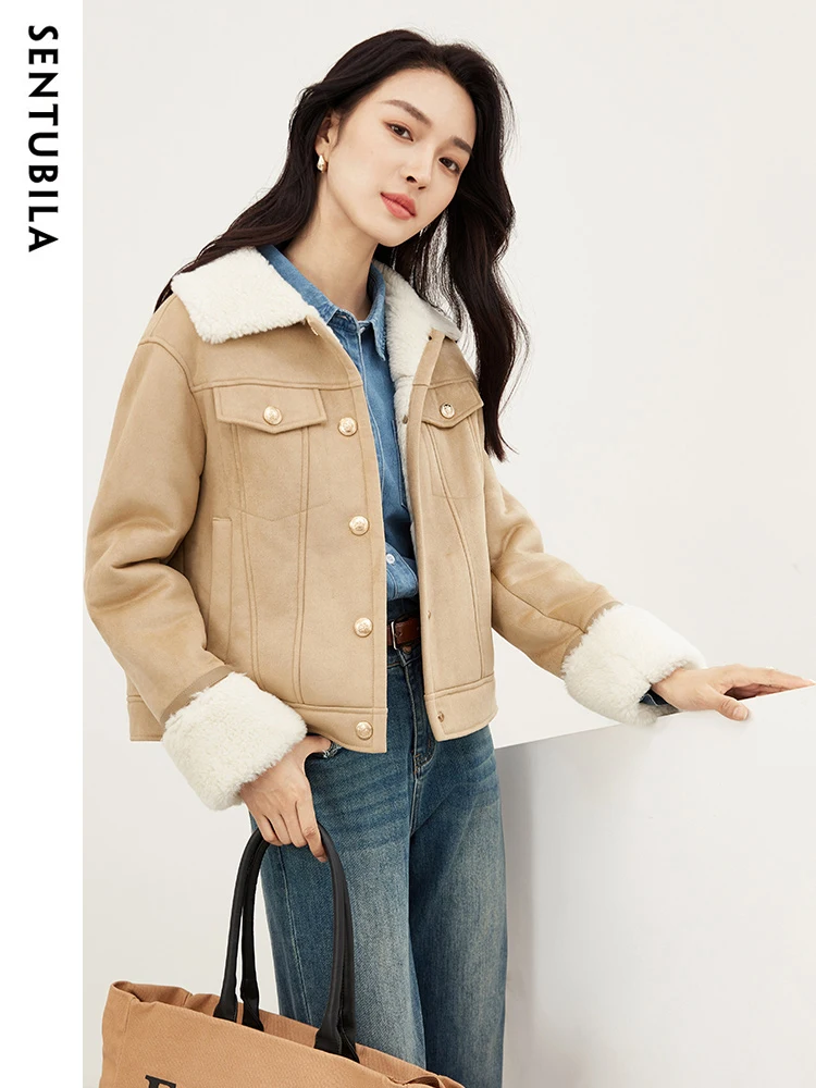 SENTUBILA Winter Single Breasted Faux Fur Coat Women Lapel Cropped Jackets Ladies Streetwear Warm New Outerwear Female W34P50142