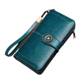 Vintage Large Capacity Women's Purse Oil Wax Leather Multi-Card Long Wallet Multifunctional Zipper Wristlet Wristlet New 1