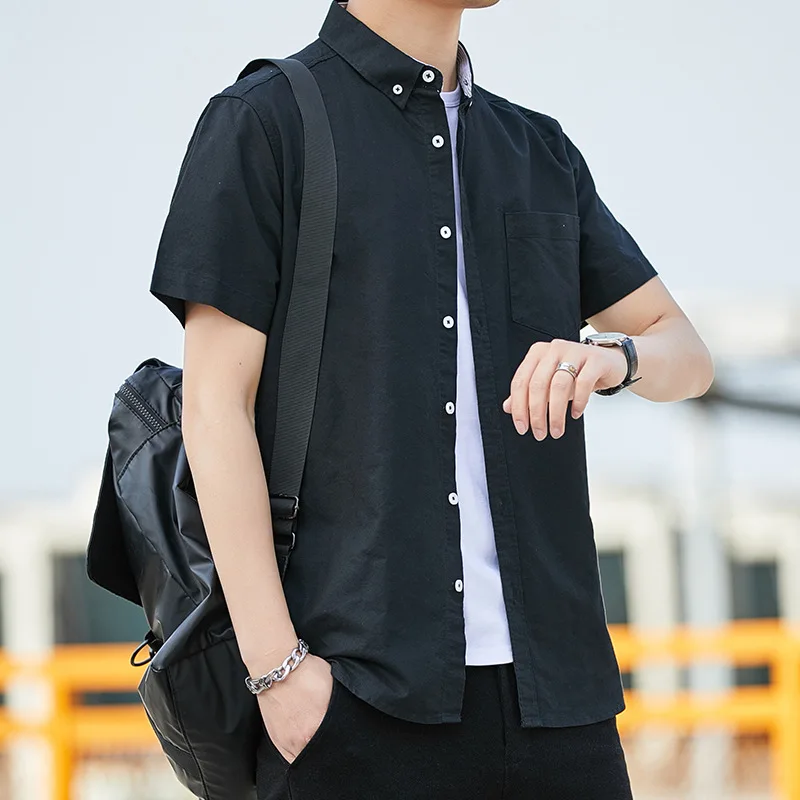 Half Sleeve Shirt Men Slim Cotton Pure Color Stripe Shirts Casual Short Sleeve Shirts for Men Single Pocket Men's