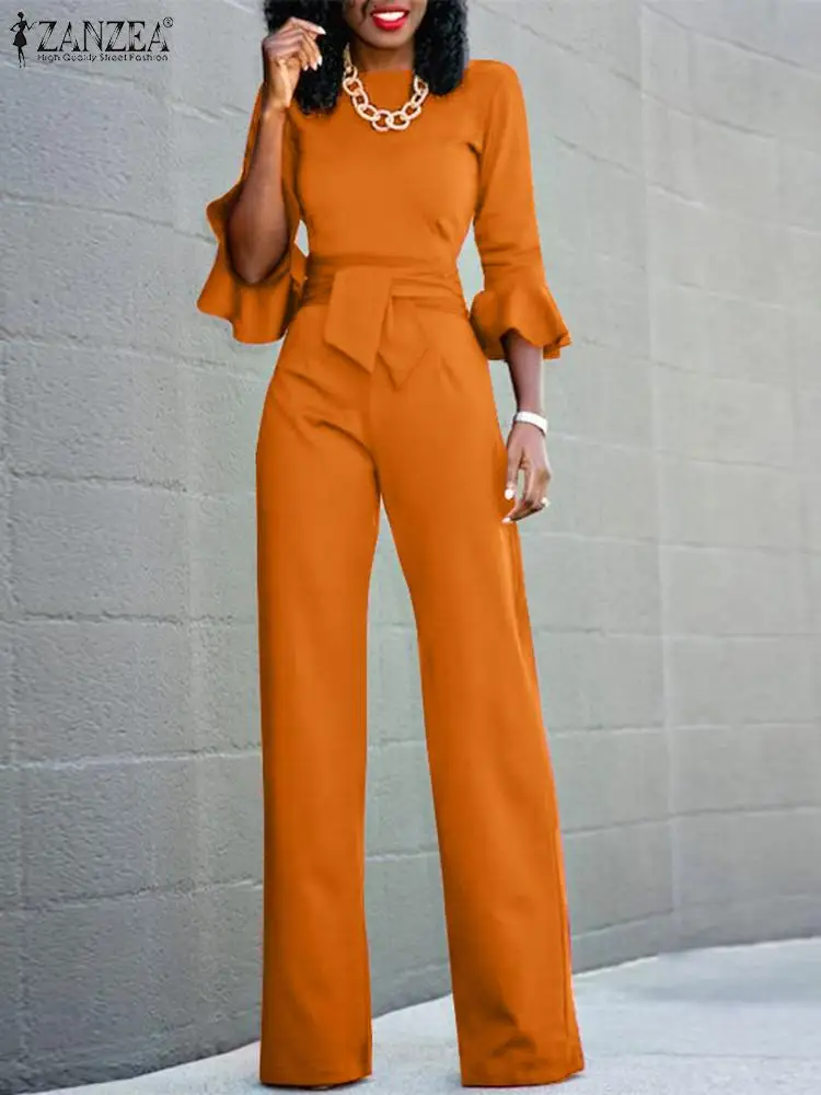

ZANZEA 2024 Summer Belted Waisted Overalls Women Elegant Jumpsuit Fashion Luxury Rompers Y2K Holiday Ruffle 3/4 Sleeve Playsuits
