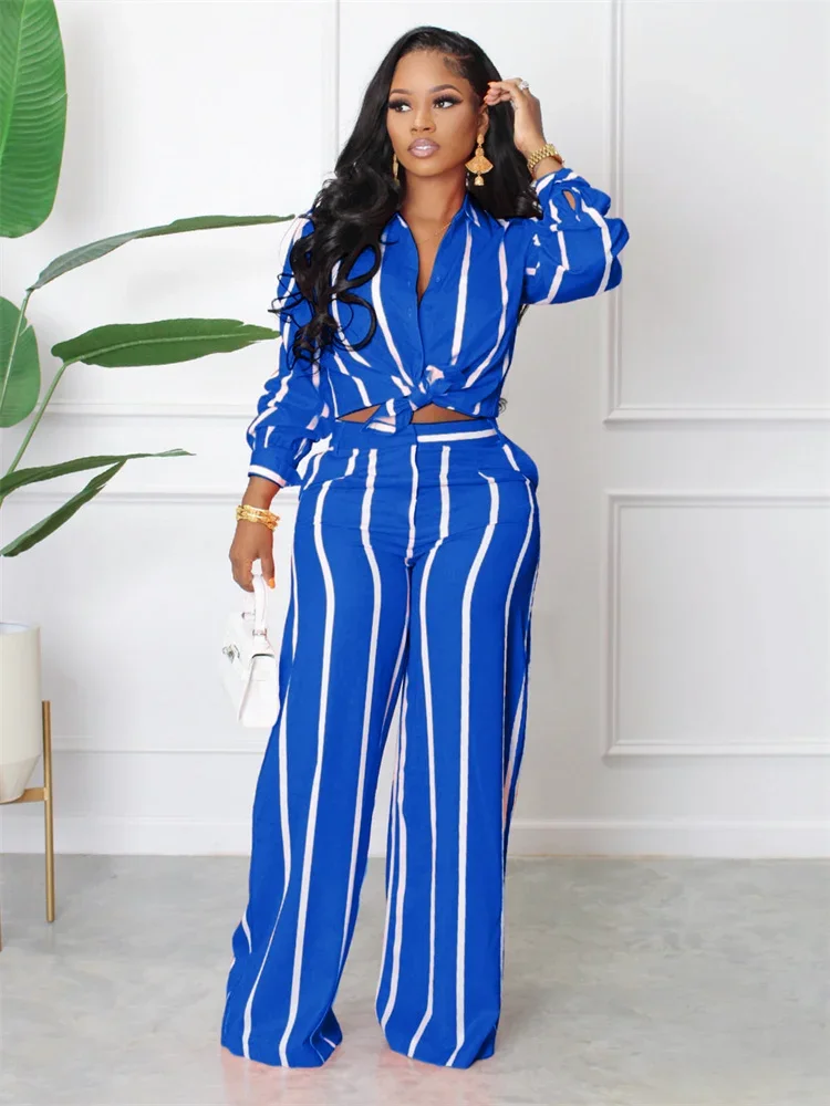 Wmstar Elegant Fashoin Striped Two Piece Set for Women Long Sleeve Shirt Top + Wide Leg Pants Suits Office Matching Sets Outfits