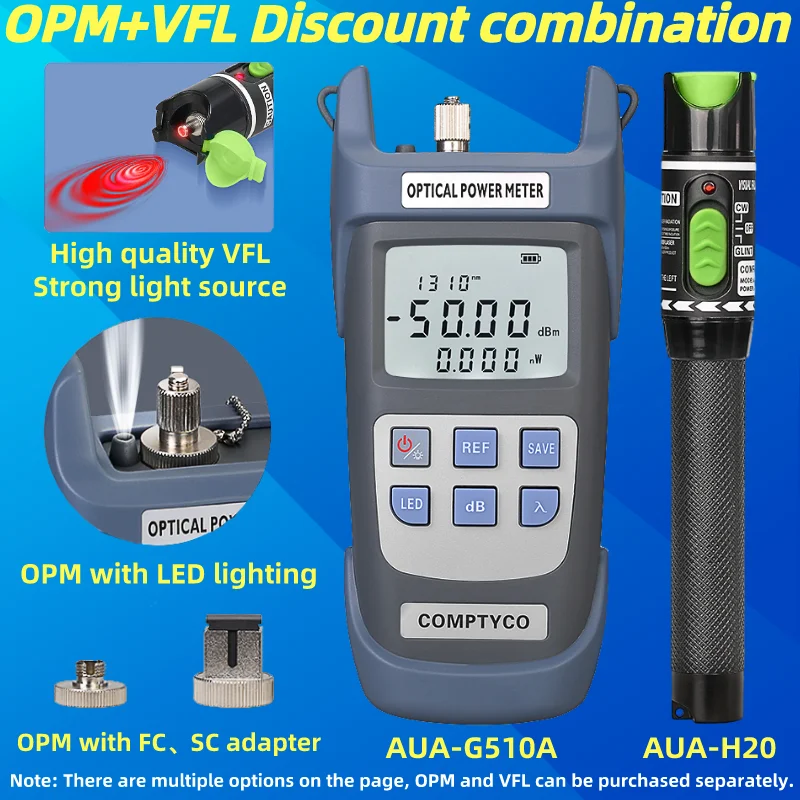 

FTTH Fiber Optic Cable Tester Tool Kit (Optional) Optical Power Meter(OPM -50~+26dBm)&Visual Fault Locator(20/1/10/30/50mw VFL)