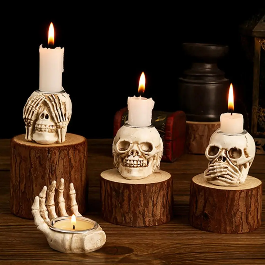 

Metal Tray Candle Holder Horror-themed Resin Candle Holders Realistic Skeleton Bones Novelty Skull Designs for Halloween Parties