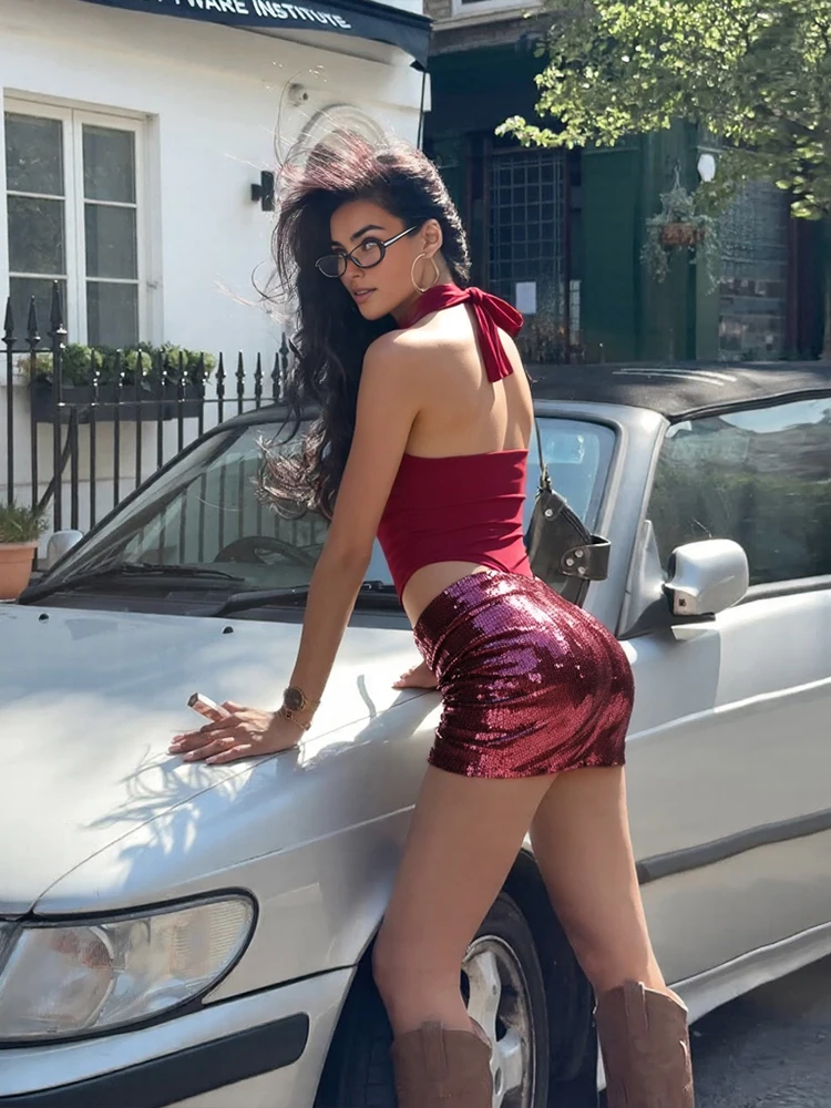 NIBBER Sequin 2-Piece Set Women Patchwork halter bandage 3d Flower low-neck skinny bodysuits+sexy folds skirts street sexy suits