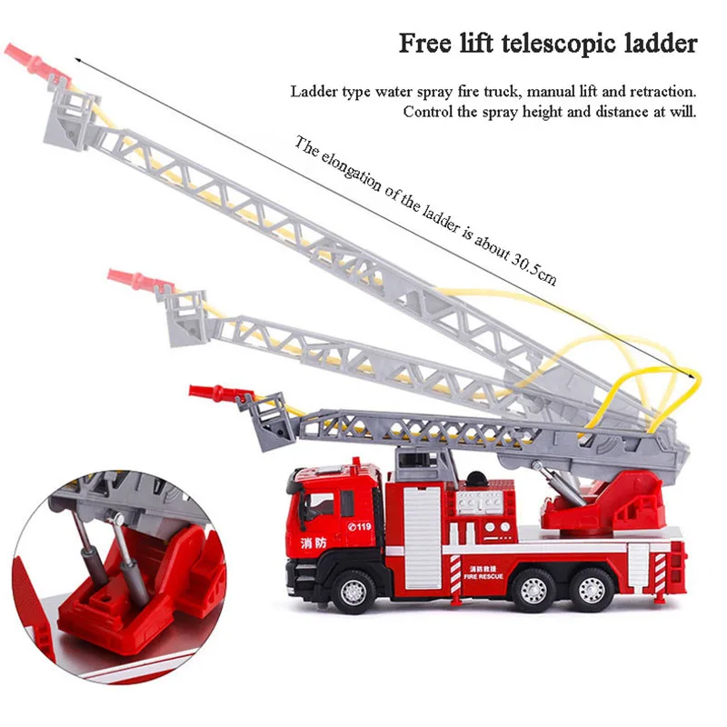 Alloy Fire Truck Model City Diecast Metal Engineering Vehicle Ladder Car Sound And Light Pull Back Car Kids Toy Boy Gift