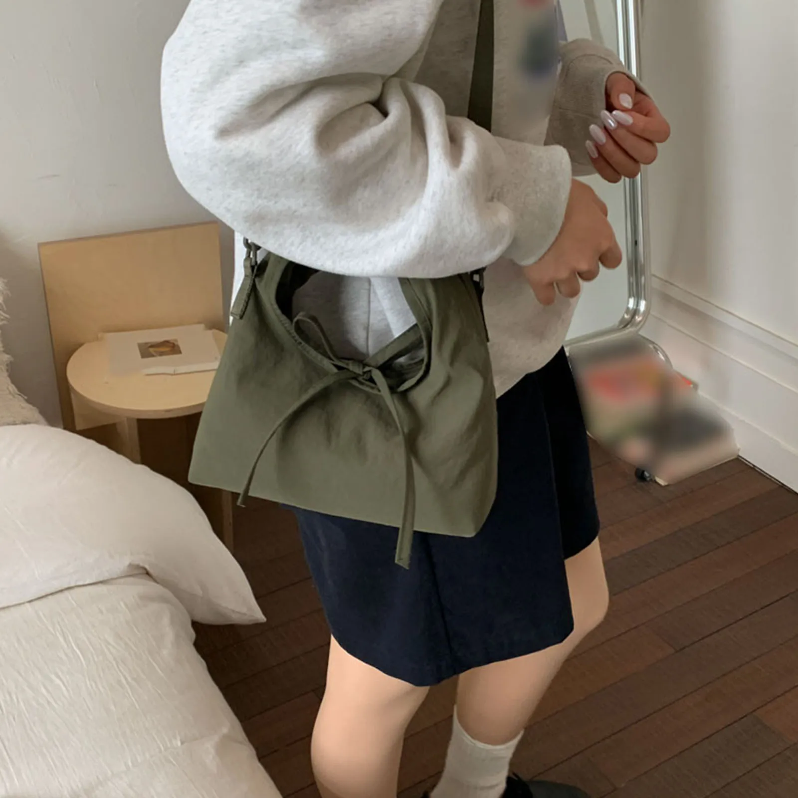 Women Nylon Bow Hobo Handbag W/ Adjustable Shoulder Strap Top Handle Bag for Travel Shopping Daily Use