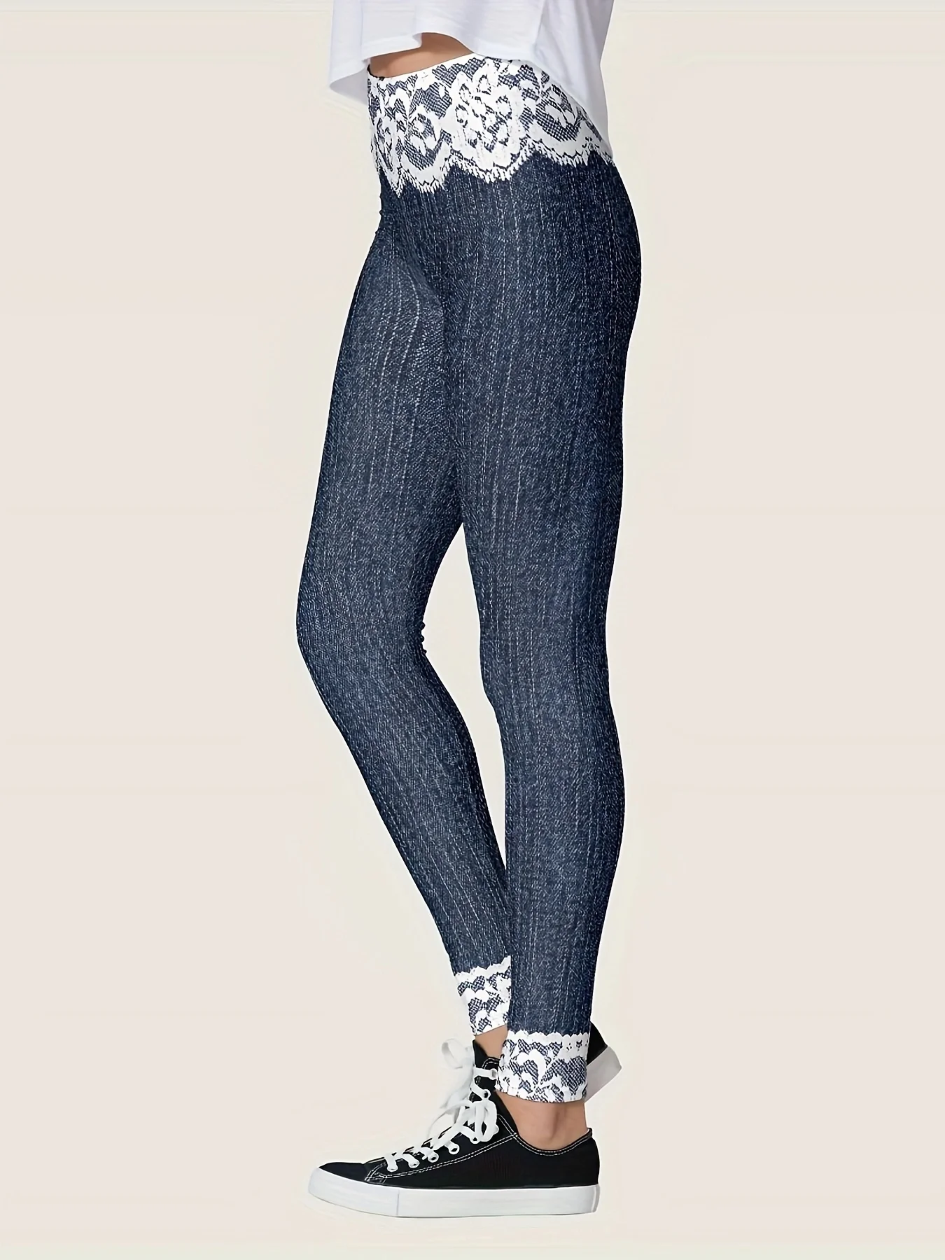 Women's Elegant and Fashionable Floral Print Faux Denim Leggings, Stylish Basic Layer Pants 5