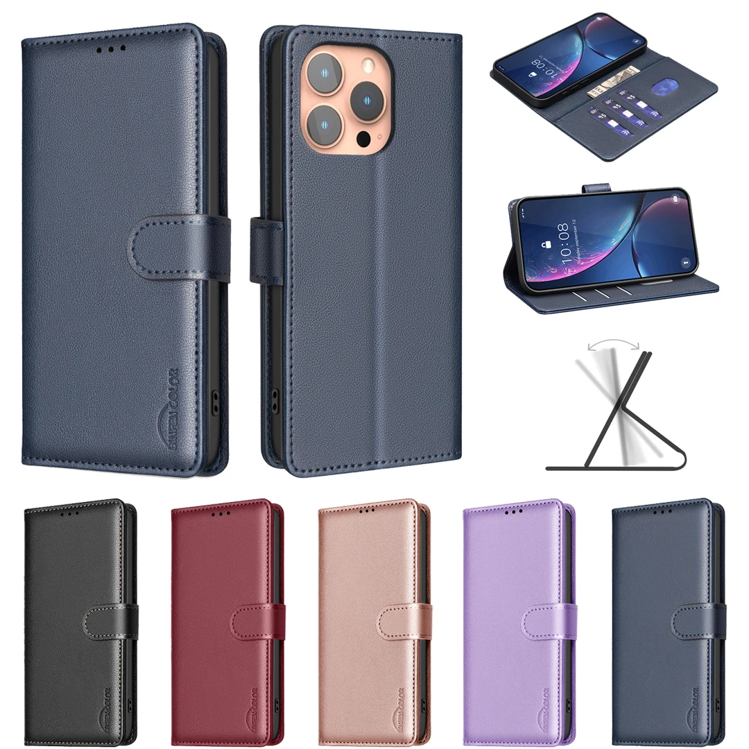 Δερμάτινη θήκη βιβλίου Flip Cards Solt Wallet για iPhone 16 ProMax 15 Plus 14 13 12 11 SE 2022 Litchi Kickstand RFID Business Cover_voghion.com
