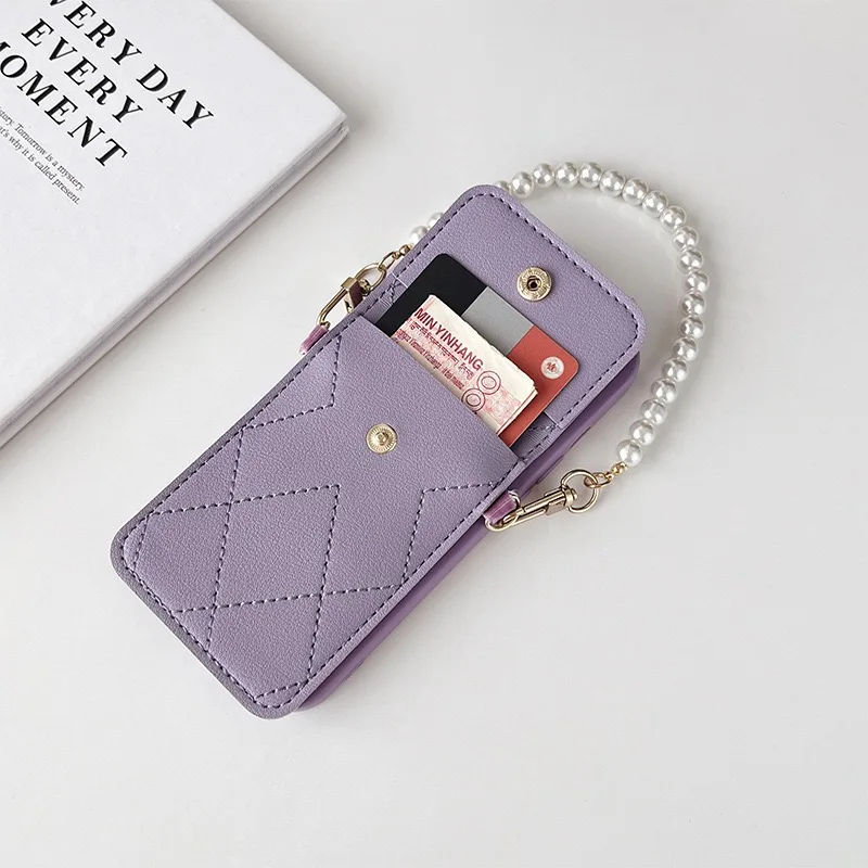 Elegant Wallet Phone Case with Floral Design and Pearl Strap
