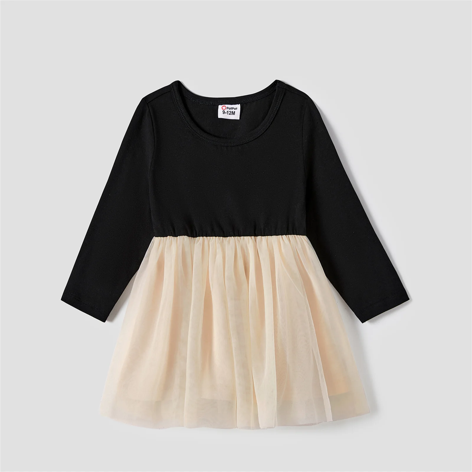 PatPat Family Matching Outfits Black-Almond Mesh Skirt Sets Classic Round Neck Long Sleeve Tops Sets