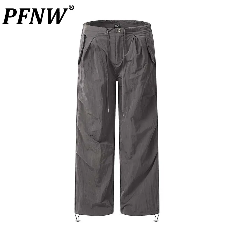 

PFNW Outdoor Men's Drawstring Cargo Pants Solid Color Safari Style Straight Trousers Male Overalls 2024 Summer Chic New 28W2826