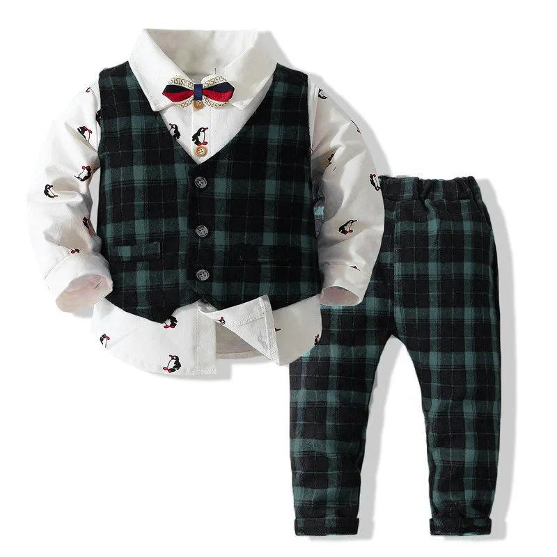 

Gentleman Kids Outfit For Boys Spring & Autumn Cotton Suit Plaid Vest And Pants Penguin Shirt With Bow Birthday Party Clothing