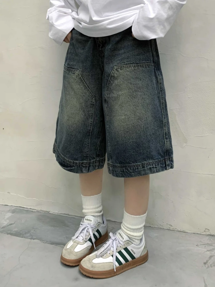 

QWEEK Y2k Vintage Baggy Jorts Women Wide Leg Knee Length Jeans Korean Streetwear Casual Oversize Washed Denim Shorts Summer