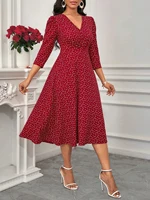 Women's Burgundy White Polka Dot Midi Dress V-Neck 3/4 Sleeves A-Line Spring Summer Elegant Vintage Daily Party Dress - Image 3