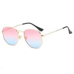 Chic Metal Polygon Mirror Lens Unisex Sunglasses with UV400 Protection (Gold-Pink blue)