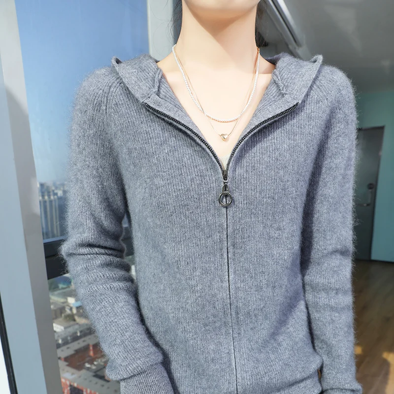Zipper stripe 100% Merino wool Fall/winter Cashmere sweater Women's o neck cardigan warm bottom knit shirt top 3