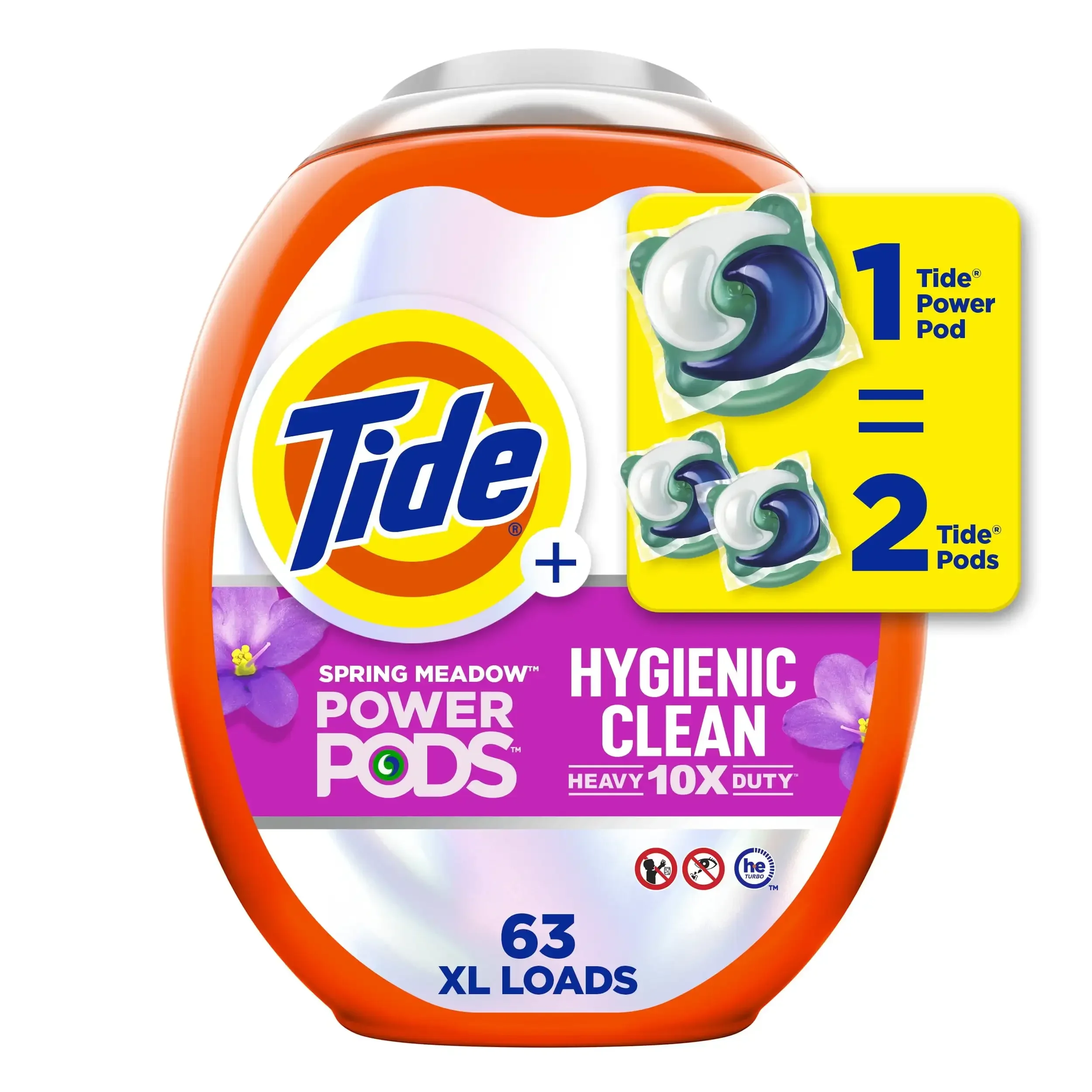 Power PODS Hygienic Clean Laundry Detergent Packs Spring Meadow Scent 63 Count Suitable for All Kinds of Washing Machines Smell