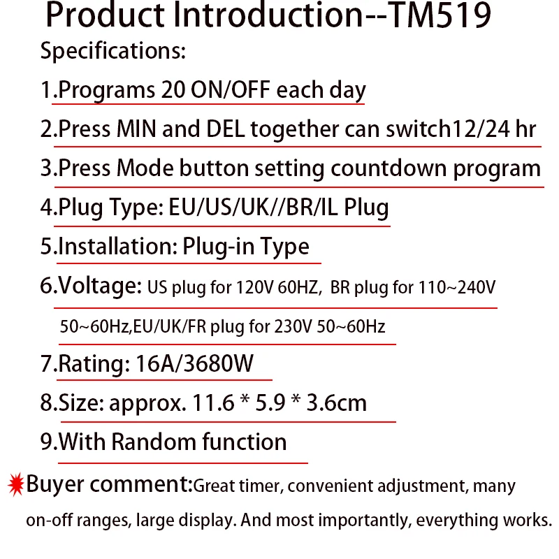 EU UK BR Plug Outlet Electronic Digital Timer Socket with Timer 220V AC Socket Timer Plug Time Relay Switch Control Programmable 5