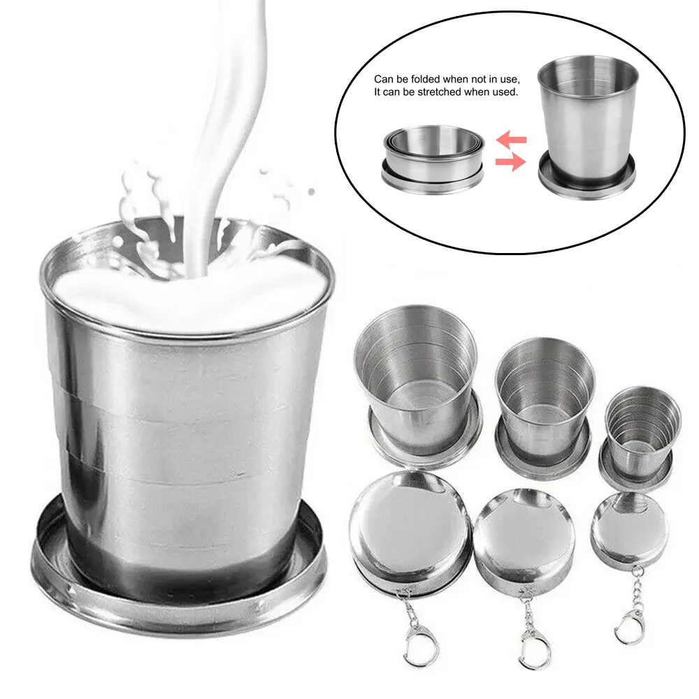 folding cup Stainless Steel Folding Cup Portable Water Drinking Cup Retractable Telescopic Collapsible Cups For Outdoor Travel With Keychain
