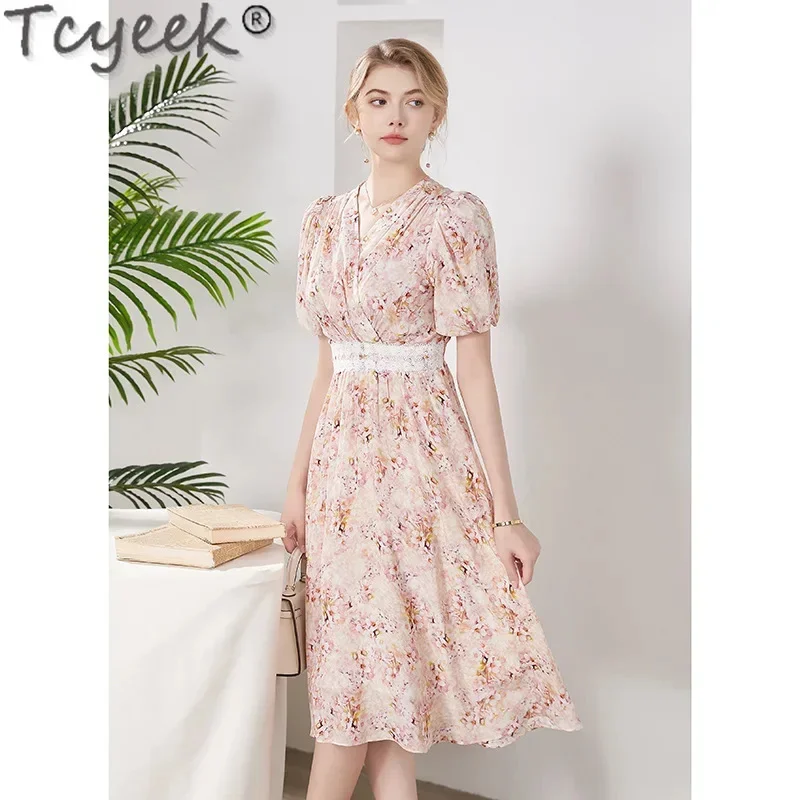 

100% Tcyeek Mulberry Silk Ladies Summer Women's Elegant es for Women 2024 High-end Midi Dress Lace Splicing